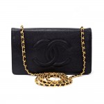 Vintage Chanel Black Caviar Leather Wallet On Long Shoulder Chain