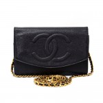 Vintage Chanel Black Caviar Leather Wallet On Long Shoulder Chain