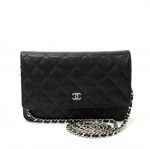 Chanel Black Quilted Caviar Leather Wallet On Long Shoulder Chain