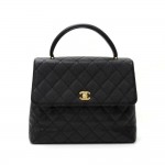 Chanel 12" Kelly Style Black Quilted Caviar Leather Hand Bag