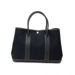 Hermes Garden Party PM Black Leather Canvas Hand Bag