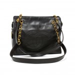 Chanel 12" Black Leather Shoulder Tote Bag CC Logo