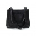 Vintage Chanel Embroidered Black Caviar Leather Shoulder Tote Bag