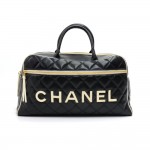 Vintage Chanel Sports Line Black Calfskin Diamond Quilted Leather Boston Bag