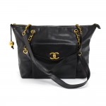 Vintage Chanel Black Caviar Leather Large Tote Bag