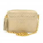 Vintage Chanel Beige Quilted Lambskin Leather Tassel Chain Shoulder Bag