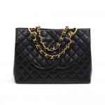 Vintage Chanel Black Quilted Caviar Leather Shopping Tote Bag