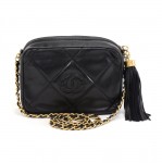 Vintage Chanel Black Quilted Lambskin Leather Tassel Pochette Shoulder Bag
