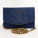 Chanel Blue Denim x Navy Leather Wallet On Chain Purse Gold Chain WOC
