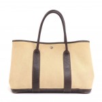 Hermes Garden Party PM Chocolate Brown Leather Beige Canvas Hand Bag