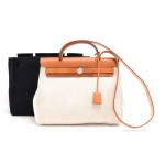 Hermes Herbag Zip PM 2 in 1 Cream x Black Canvas and Brown Leather Shoulder Bag