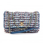 Chanel Blue & Red Quilted Tweed Large Chain  Shoulder Flap Bag
