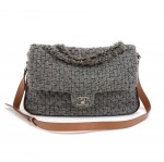 Chanel Gray Quilted Wool & Brown Leather Shoulder Flap Bag