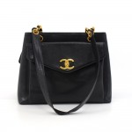 Vintage Chanel Black Caviar Leather Front Envelope Pocket Chain Shoulder Bag