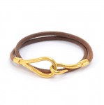 Hermes Brown Leather x Gold Tone Hook Double Wrap Jumbo Bracelet