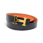 Hermes Constance Black & Orange leather x Gold Tone H Buckle Belt Size 80