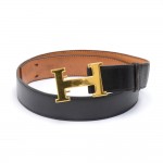 Vintage Hermes Black Leather x Gold Tone H Buckle Belt