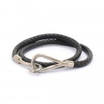 Hermes Black Braided Leather x Silver Tone Hook Double Wrap Jumbo Bracelet
