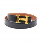 Hermes Constance Black & Brown Leather x Gold Tone H Buckle Belt- Size 68