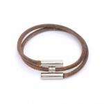 Hermes Tournis Brown Leather x Palladium Plated Brass Double Wrap Bracelet