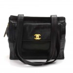 Vintage Chanel 12" Black Lambksin Leather Front Pocket Shoulder Bag