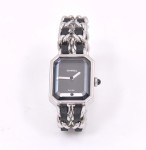 Chanel Premiere Ladies Silver Plated Quartz Black Leather Wrist Watch CC