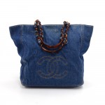 Vintage Chanel Denim & Tortoise Shell Style Strap Tote Bag