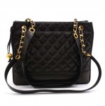 Vintage Chanel 12" Black Quilted Lambskin Leather Tote Shoulder Bag