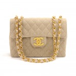 Vintage Chanel 12" Jumbo Beige Quilted Cotton Canvas Shoulder Flap Bag
