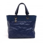 Chanel Paris Biarritz MM Blue Coated Canvas x Leather Tote Bag - Rare