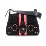 Gucci Black Guccissima Canvas Pink & Black Satin Stripe Horsebit Shoulder Bag-Limited Ed