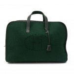 Hermes Green Wool x Leather Victoria Style H Logo Boston Travel Bag