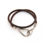 Hermes Brown Leather x Silver Hook Double Wrap Jumbo Bracelet