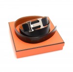 Hermes Constance Black & Brown Leather Silver-tone Buckle Waist Belt -Size 85