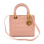 Vintage Christian Dior Lady Dior Medium Pink Quilted Cannage Leather Handbag + Strap