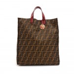Fendi Tobacco Zucca Fabric x Red Leather Shopping Tote Bag
