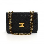 Vintage Chanel 13" Maxi Jumbo Black Quilted Lambskin Leather Shoulder Flap Bag
