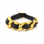 Vintage Chanel Black Lambskin Leather & Gold Chain Bracelet.
