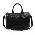 Vintage Chanel Boston Speedy Quilted Black Calfskin Leather Hand Bag + Strap