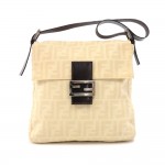 Fendi Cream White Zucca Cotton Canvas & Brown Leather Shoulder Bag