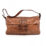 Fendi Zucca Baguette Brown Distressed Leather Whipstitched Shoulder Bag + Long Strap