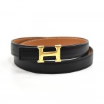 Vintage Hermes Black & Brown Leather Gold-tone H Buckle Thin Waist Belt-Size 70