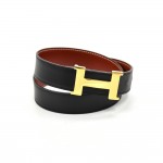 Vintage Hermes Black & Red-Brown Leather Gold-tone H Buckle Waist Belt-Size 70