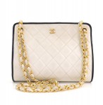 Vintage Chanel White Quilted Leather Black Piping Shoulder Bag Gold Chain CC