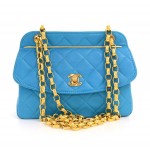 Vintage Chanel Blue Quilted Leather Shoulder Party Bag Gold Chain CC