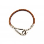 Hermes Brown Leather & Silver-Tone Hook Jumbo Bracelet