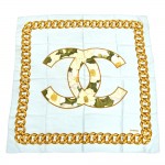 Chanel Light Blue with Gold Chain & White Camellia CC Logo Silk Scarf