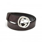 Gucci GG Monogram Logo Stamped Brown Leather & Silver Buckle Belt - Size 100
