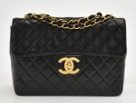 W-8 Chanel 12" Jumbo Black Quilted Leather Shoulder Flap Bag