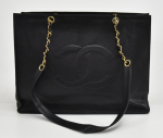 Y-18 Vintage Chanel Jumbo XLarge Black Caviar Leather Chain Strap Tote Bag